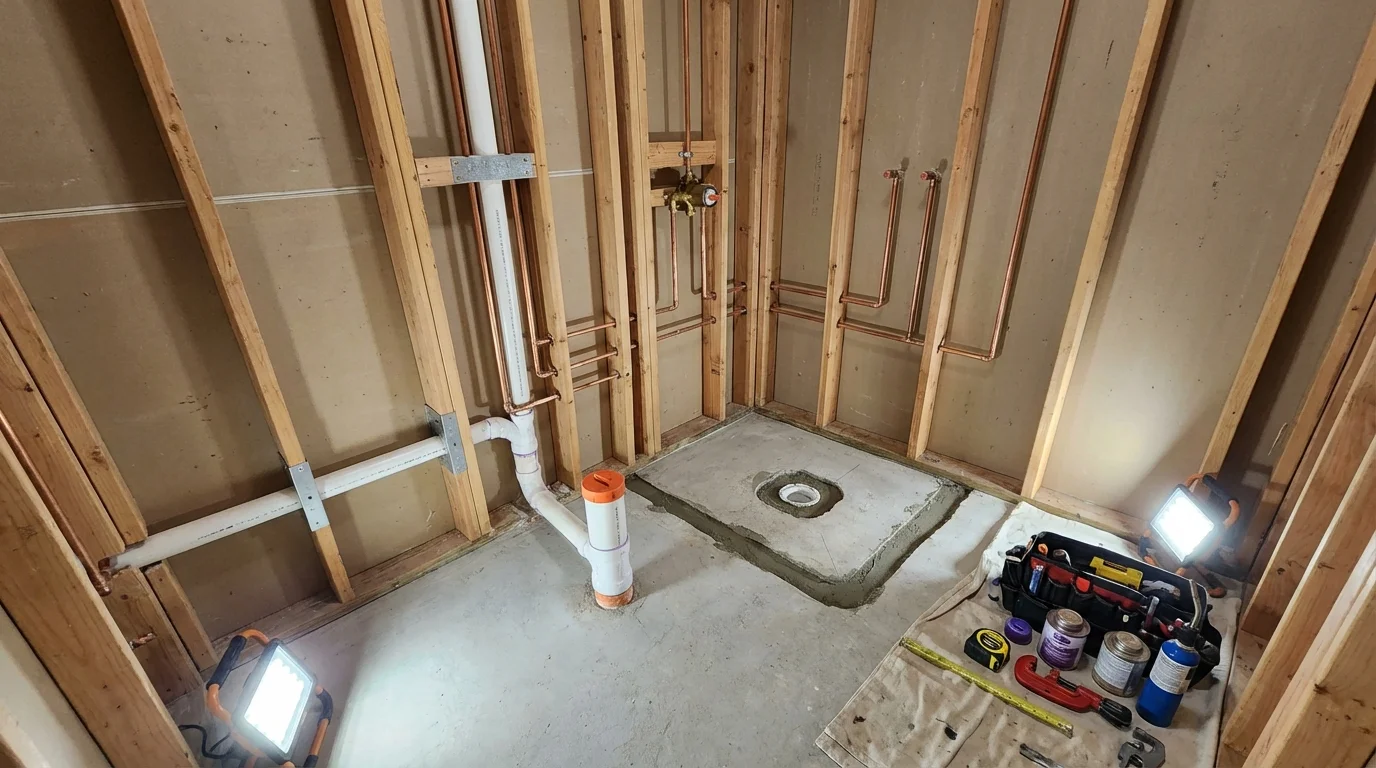 Bathroom rough-in plumbing during remodel by Johns Plumbing LLC in Pine Grove Mills