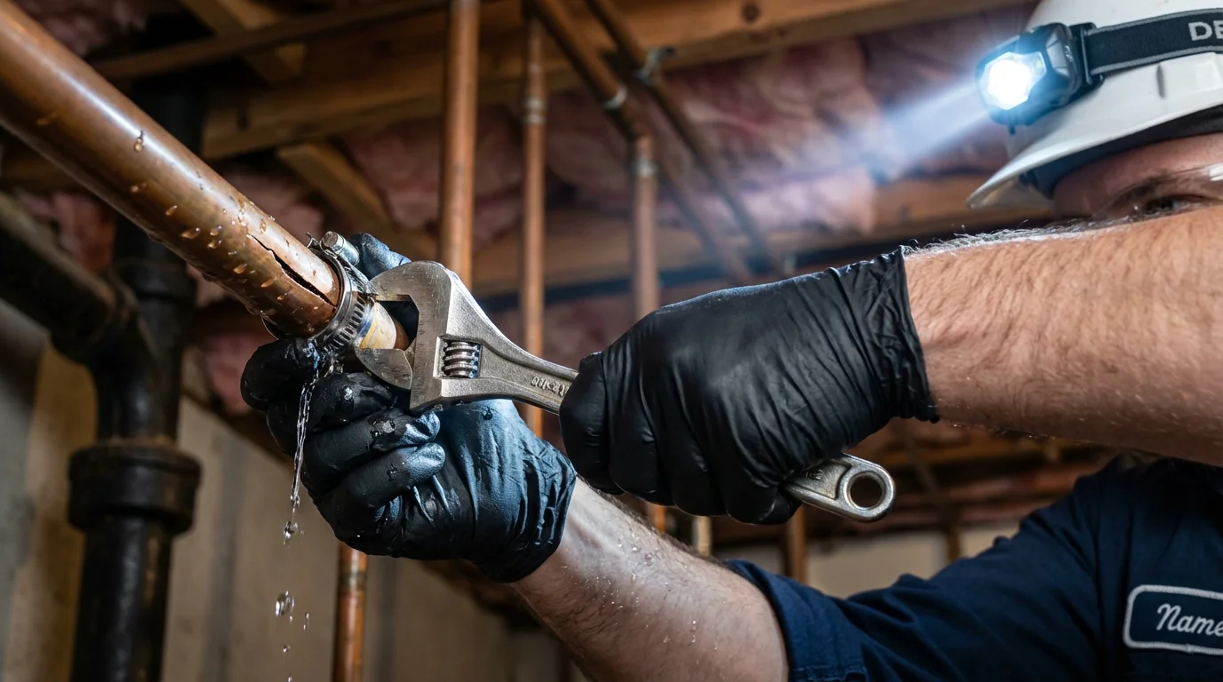 Emergency pipe clamp repair being performed by a Johns Plumbing LLC plumber in Pine Grove Mills
