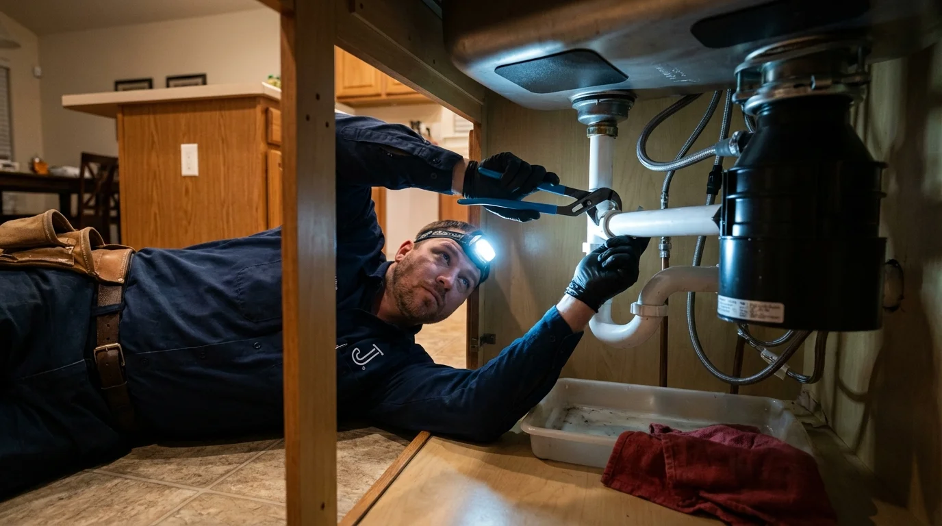 P-trap and supply line connections under a kitchen sink showing a common leak point in Pine Grove Mills, PA